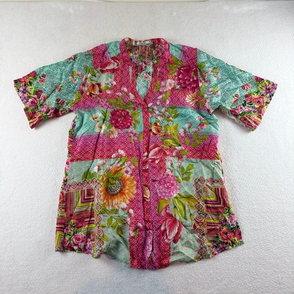 Johnny Was Tops - Johnny Was Womens Medium Silk Floral Patchwork Button Down Blouse Pink Turquoise